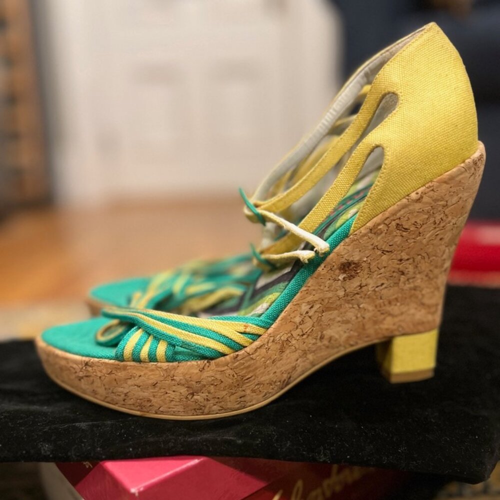 MINK Vegan Shoes Multi Color Straps and Cork Wedge  Italy Sz. 8.5/39